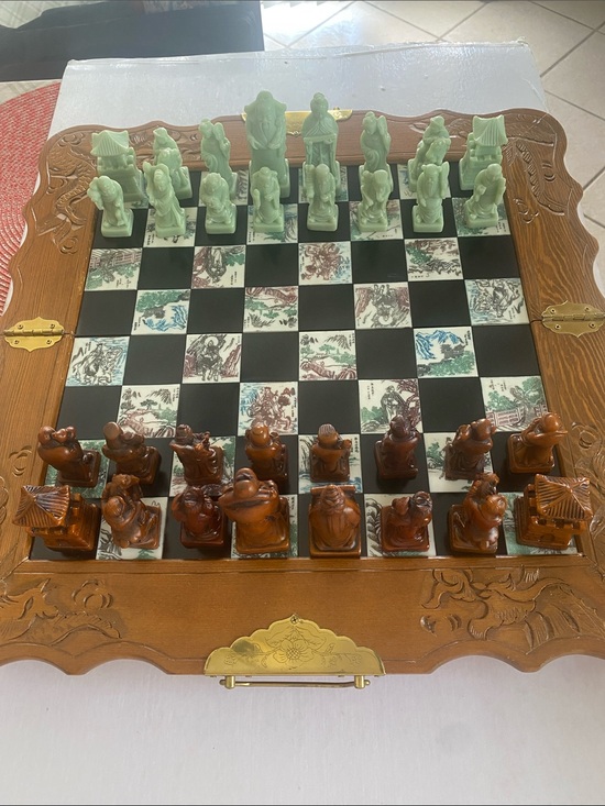 Other - Handcrafted Green & Brown Decorative Chess Set in Folding Wooden Case.